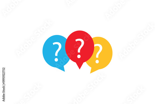 Colorful question mark speech bubbles on white background.