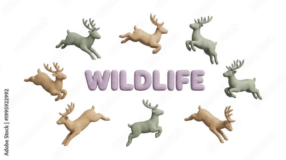 Fototapeta premium Abstract 3D Clay Render of Jumping Reindeer Silhouettes Orbiting Wildlife Text in Pastel Tones