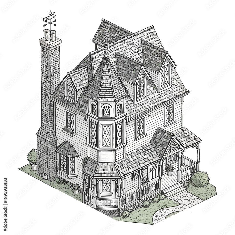 Obraz premium A detailed illustration of a large Victorian house with a tower and a weather vane on its roof in a suburban area with a garden and a pathway.