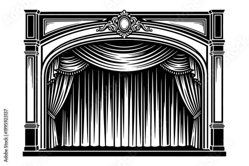 A black and white illustration of a grand theater stage curtain is drawn on a white background with ytu.ai reference