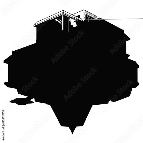 A large black silhouette of a house sits on a hill with a roof and a wire
