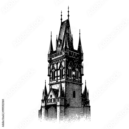 A majestic Gothic tower stands tall in a historical European cityscape at sunset with yty.ai reference