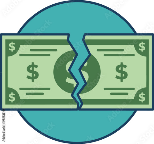 Financial Rupture: An illustration capturing the concept of financial crisis with a fractured dollar bill.