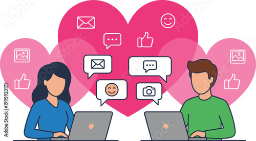Online Romance: A graphic representation depicts two individuals engaged in online communication, with icons of love, messages, and social media interactions enhancing the theme.