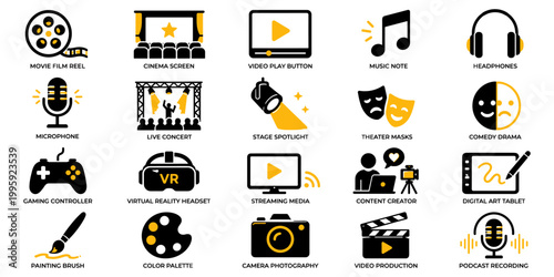 Black and yellow creative entertainment icon set with media, music and digital content symbols. Concept of creativity, leisure and multimedia production