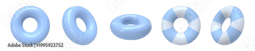Vector set of realistic 3D rendered swimming rings. Inflatable swim rings in soft pastel blue and blue-white striped. Round Pool floats shown from different angles, isolated. Rubber rings for Pool fun