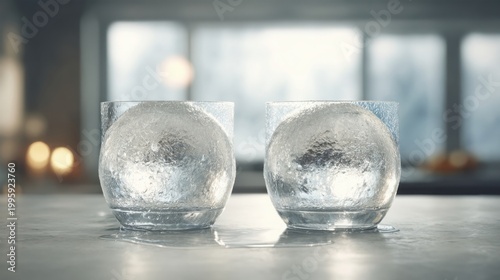 Two Perfectly Spherical Ice Spheres Slowly Melting Inside Clear Glasses on a Surface