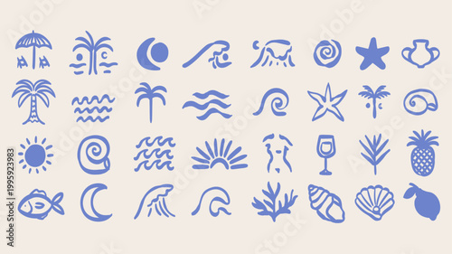 Boho summer icon set. Coastal spiritual geometric palm tree, sun, sea, waves and corals emblem. Tropical retro label decor print, summer beach vignetting silhouette. Hand drawn vector illustration.