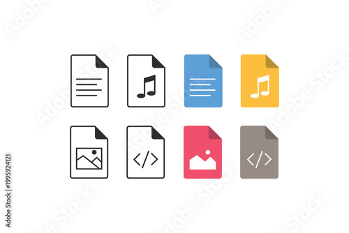 Document and media file icons: music, image, and code representations.