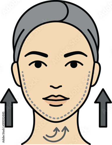 Facial beauty enhancement: Illustration of a face with arrows indicating beauty procedures. This image visually represents the concept of cosmetic enhancements and rejuvenation
