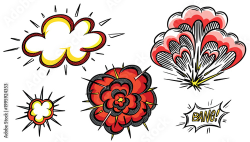 Hand drawn collection of a comic bangs, bursts and explosions in 50s 60s style. Traditional inking illustration.