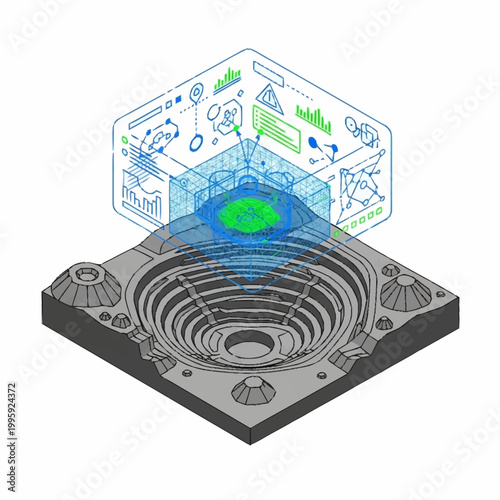 3D model of a mining pit with digital data overlay.