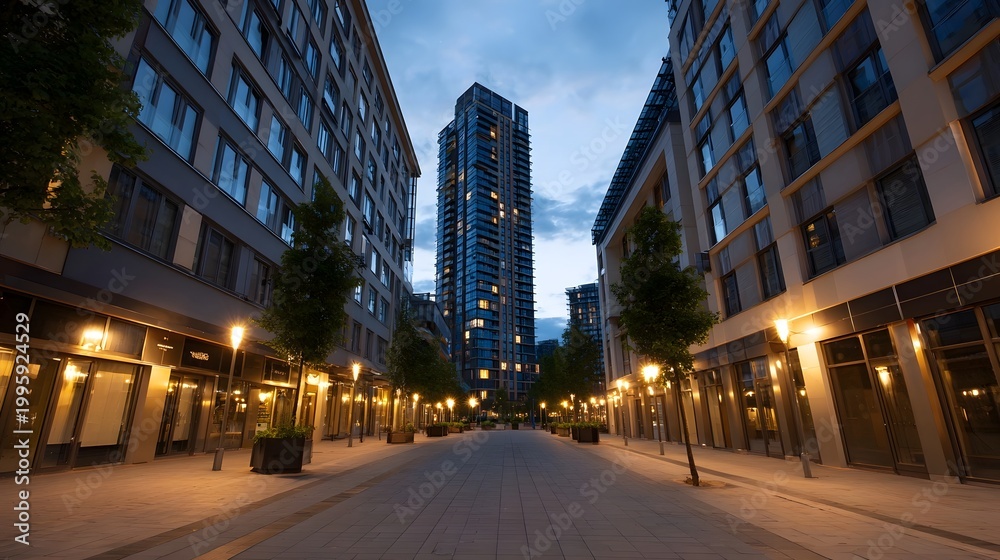 Fototapeta premium A deep perspective view down a modern city plaza at dusk flanked by illuminated contemporary high rise buildings
