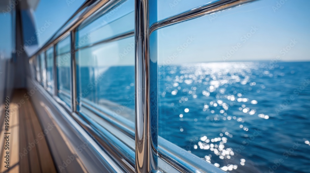 Fototapeta premium Polished Chrome Sliding Cabin Door on a Luxury Yacht Overlooking a Sparkling Blue Ocean