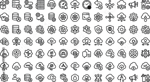 Cloud computing technology line icon set with storage security analytics synchronization network editable outline vector collection for digital infrastructure systems