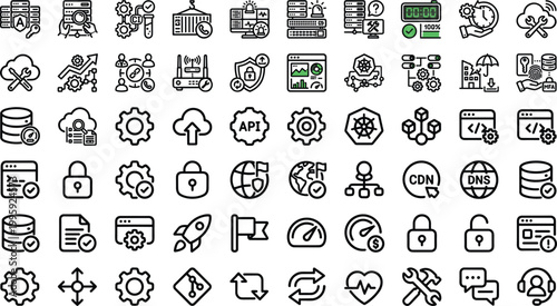 Web hosting technology line icon set with server security cloud API CDN DNS monitoring editable outline vector collection infrastructure systems