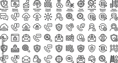 Cybersecurity support line icon set with threat detection firewall identity protection vulnerability response editable outline vector collection security systems