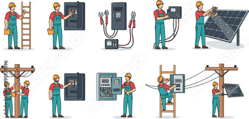 Professional Electrician Vector Set Featuring Workers Installing Solar Panels Repairing Electrical Panels Power Lines and Maintenance Service Equipment Icons.