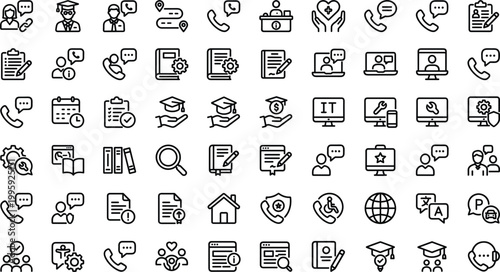 Education communication line icon set with student teacher support learning documents graduation editable outline vector collection for academic services