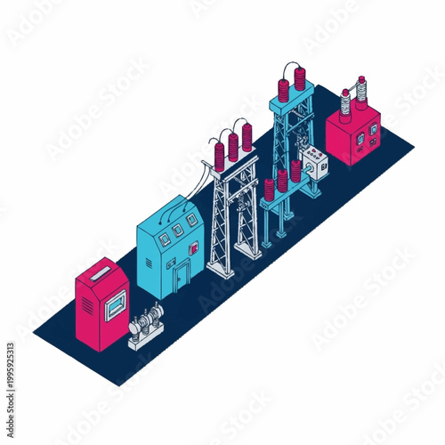 Electrical substation equipment and power transmission infrastructure isometric view.