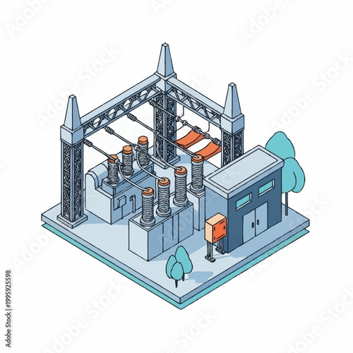 Electrical substation power distribution infrastructure isometric illustration.