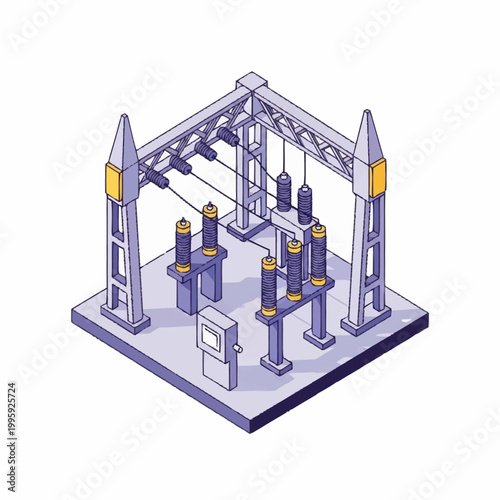 Electrical substation with insulators and power lines isometric view.