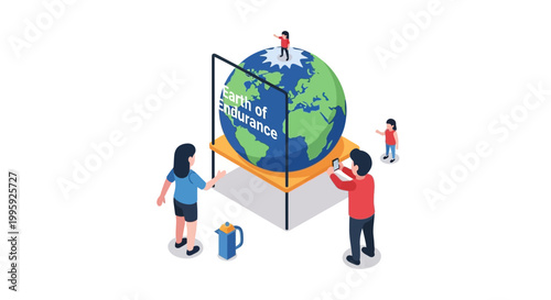 Isometric Illustration of People Interacting with a Globe Representing Global Endurance.