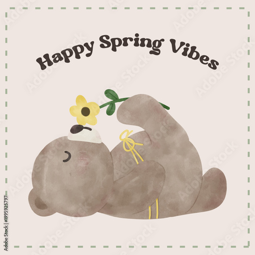 Spring Yoga Bear Coquette Joyful smelling flower in Spring Garden Nature Theme illustration