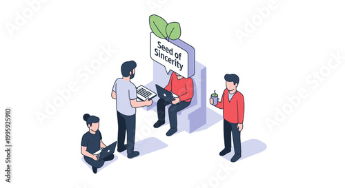 Isometric Illustration of People Interacting with a Seed of Sincerity Concept.
