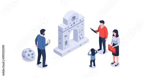 Isometric illustration of people interacting with a stone architectural structure.