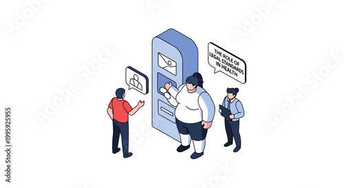 Isometric illustration of people interacting with an ATM machine.