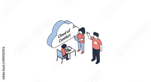Isometric illustration of people interacting with cloud of comfort concept.