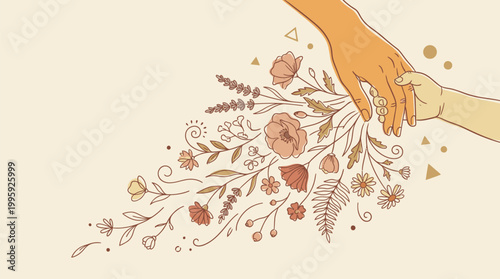 Mother's Day. Adult and child hands holding with floral elements representing family connection and nurturing growth for parenting and wellness concepts