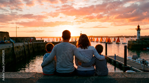 Family Watch Sunset Over Harbor with Sailboats and Lighthouse Warm Evening Scene