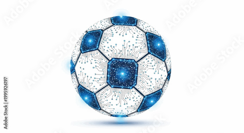 A soccer ball floats above a surface in a studio with blue and white panels and speckles.