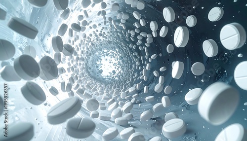 Pill vortex Round white tablets tumbling through a swirling, luminous blue tunnel