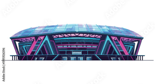 A futuristic stadium with colorful neon lights stands in a city at dusk.
