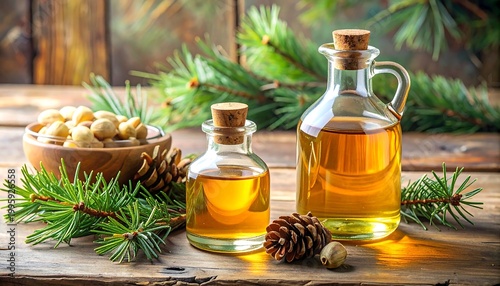 Pine nut oil in glass bottles on a rustic wooden table with pine sprigs and nuts