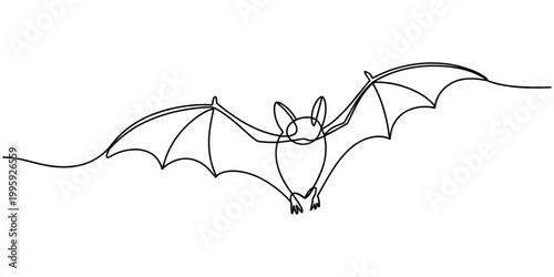 Minimalist one line drawing of a flying bat-like monster with wings and claws, perfect for Halloween, spooky art, and horror designs.