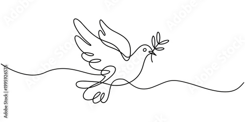 One continuous line drawing of dove with olive branch. Bird symbol of peace and freedom in simple linear style. Concept for national labor movement icon. Editable stroke. Doodle vector illustration