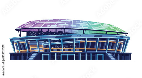A colorful illustration of a large stadium with a rainbow roof