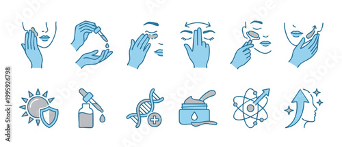 Skincare Routine Icons Set, Facial Treatment Procedure and Beauty Product Symbols, Dermatology and Anti-Aging Concept, Serum Application, Massage Tools, Sun Protection, Science Based Health Care Eleme