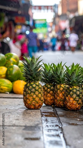Pineapples line up on stone, with melons, city market, and people blurred in the distance