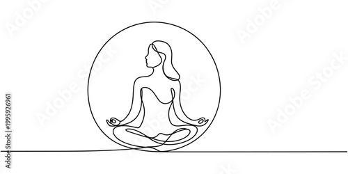 Glass globe with meditating woman in lotus pose, Woman sitting in lotus pose yoga. Continuous one line drawing, Women doing yoga one line drawing. Aerobic sport girl exercise for modern healthy.