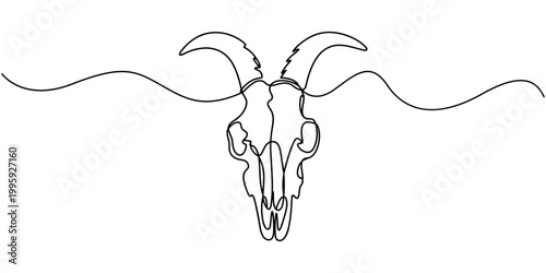 Continuous one line drawing of goats skull mystical concept icon in silhouette on a white background. Linear stylized, Bull Head Black and White Square Icon, Bull Head Black and White Square Icon