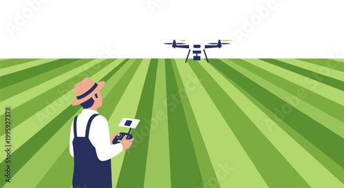 Farmer controlling drone over green field, modern agriculture technology concept