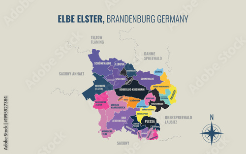 A map showing Elbe Elster BB Kreise into Gemeinden in a minimalist colorful style