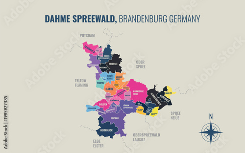 A map showing Dahme Spreewald BB Kreise into Gemeinden in a minimalist colorful style