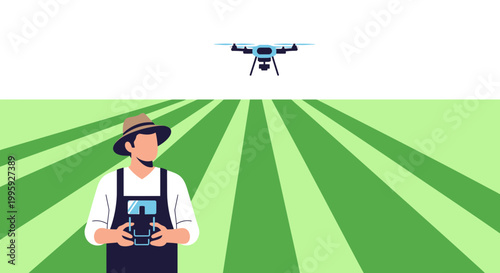 Farmer controlling drone over lush green field for precision agriculture technology