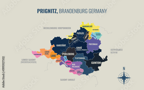 A map showing Prignitz BB Kreise into Gemeinden in a minimalist colorful style